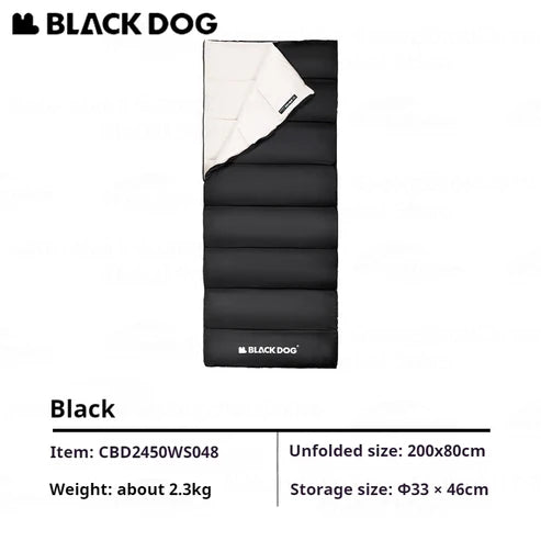 Black sleeping bag with white interior on a white background
