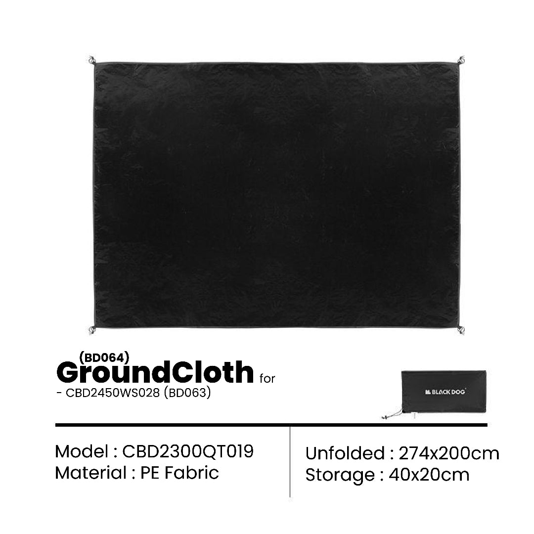 Black ground cloth with dimensions and product details on a white background