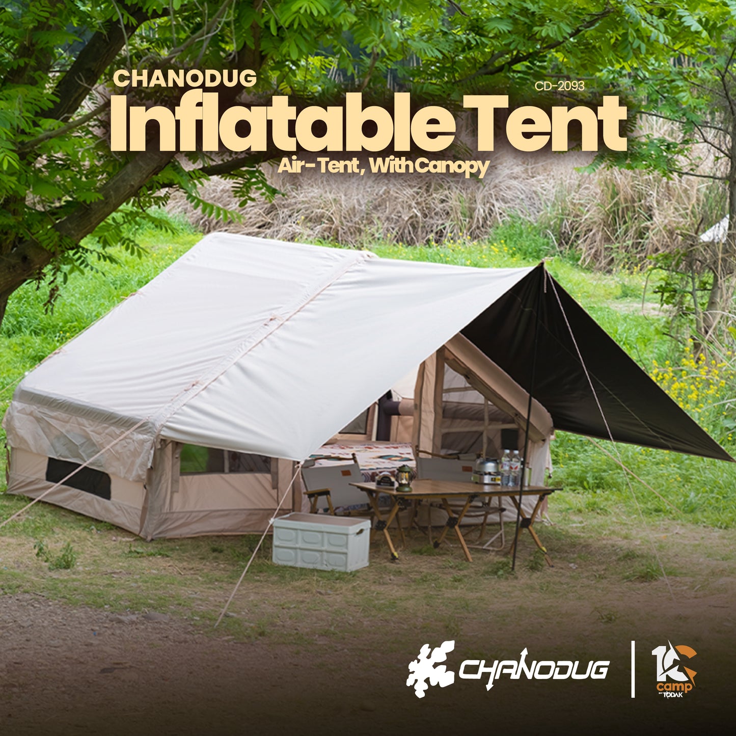 Inflatable tent with canopy in a natural setting, featuring Chanodug branding.