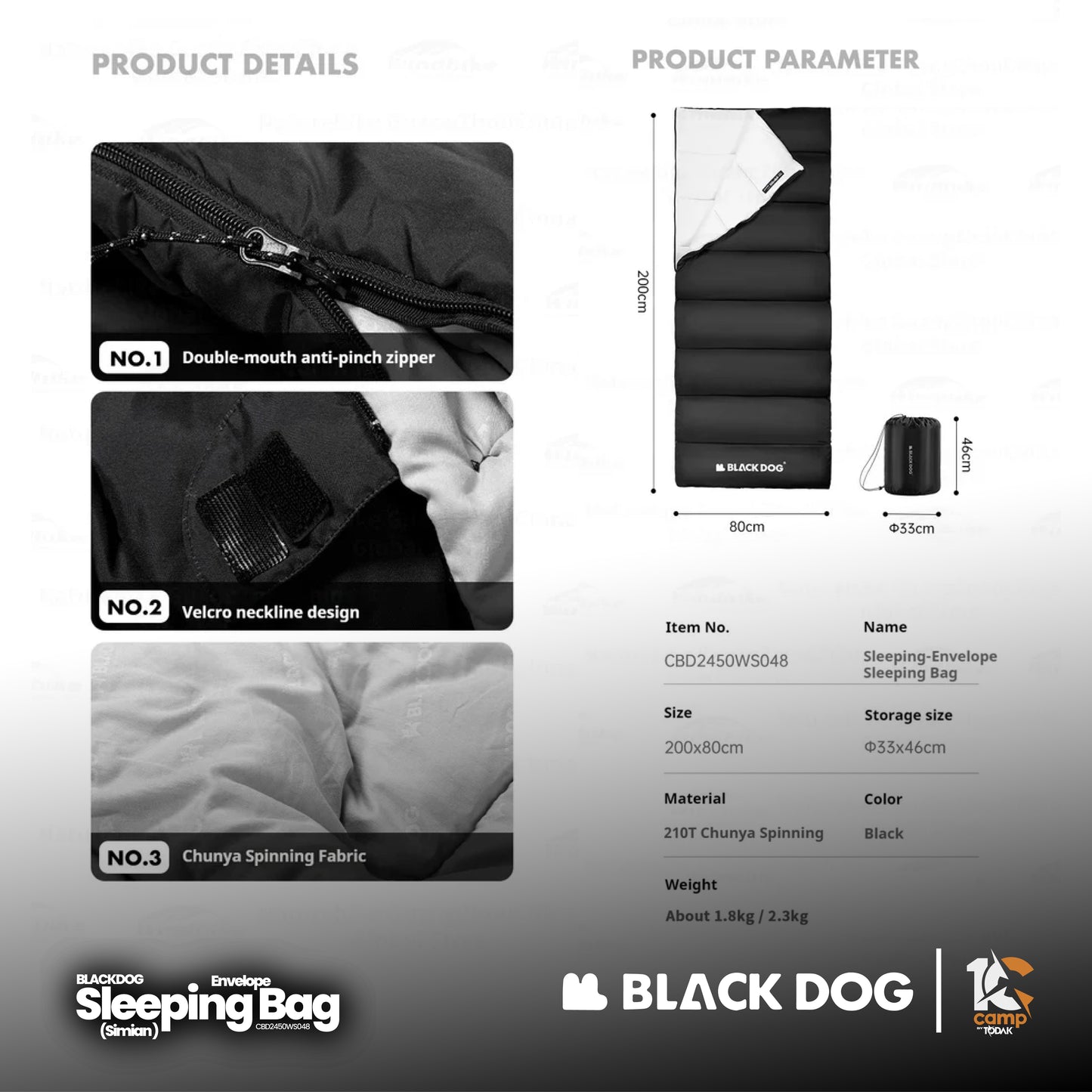 BD074-075 BLACKDOG CBD2450WS048 (Simian)Envelope sleeping bag | BD074 1.8kg | BD078