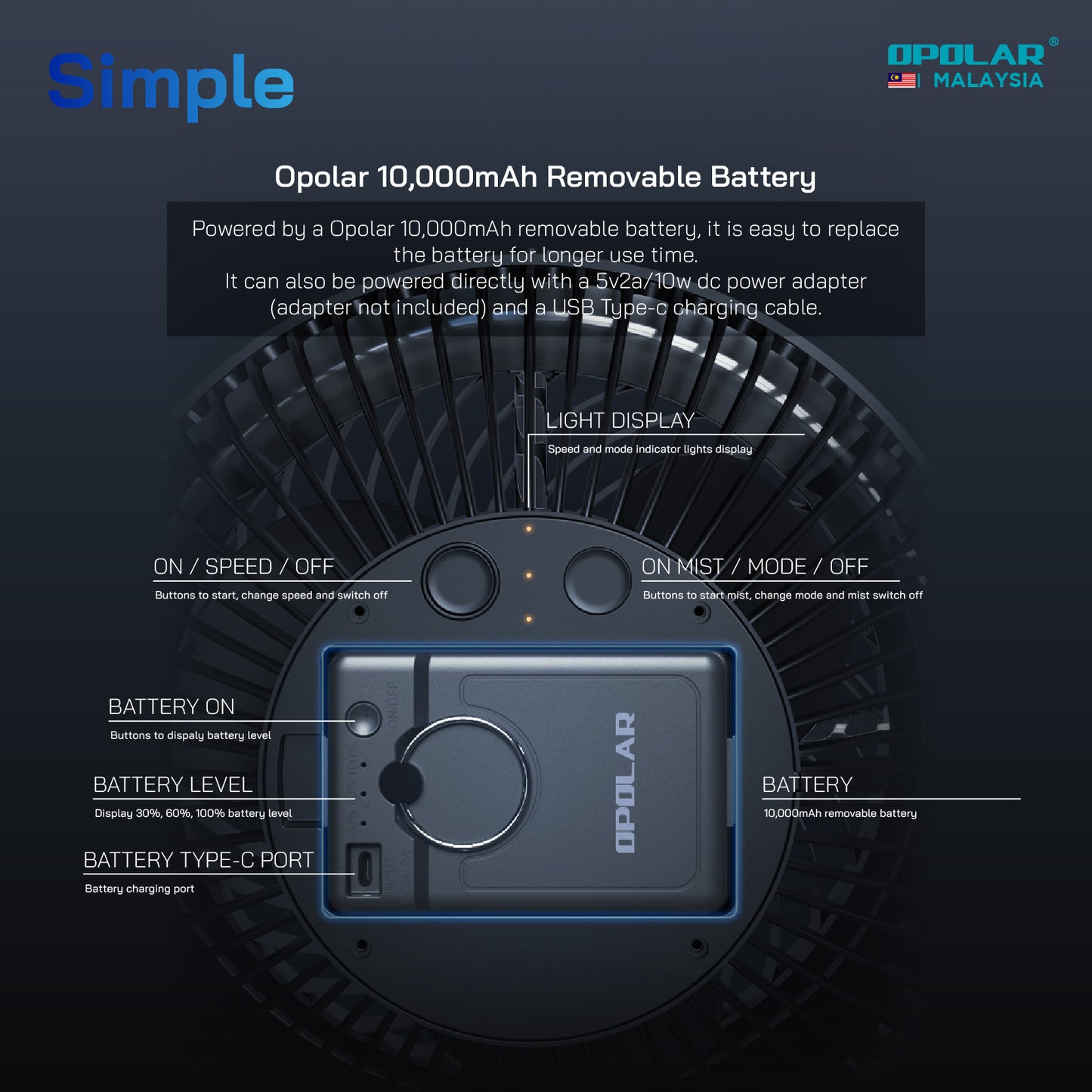 OP024 | OPOLAR WH61 _ Clip + Mist Spray Fan | 9 inch | 10,000 mAh