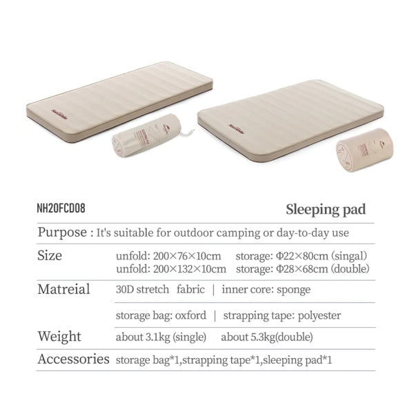 NH011-012 | NATUREHIKE NH20FCD08 _ Sponge Sleeping Pad 10cm Thick Automatic Inflate Sponge Glamping C10 | NH011 | NH012 |